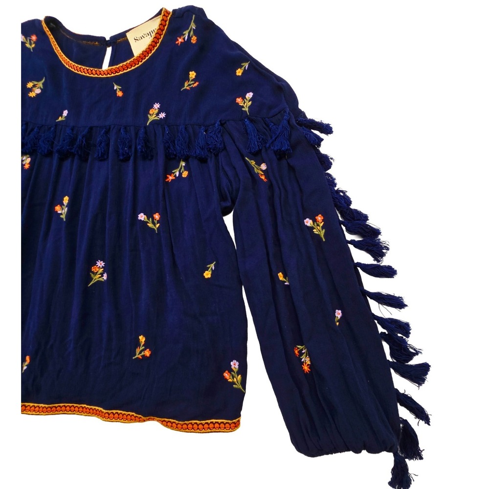 Savanna Jane Peasant Top Women L Navy Floral Embroidery Fringed Boho Blouse - Picture 3 of 8
